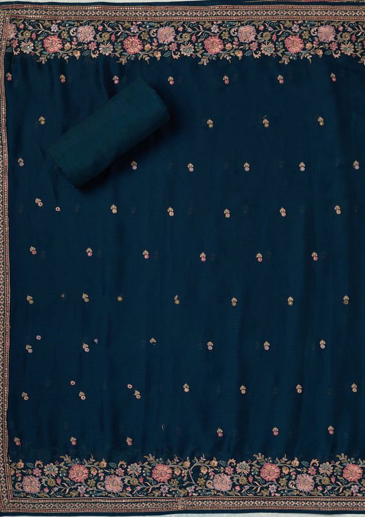 Navy Blue Chinon Kashmiri Unstitched Dress Material With Matching Bottom And Dupatta