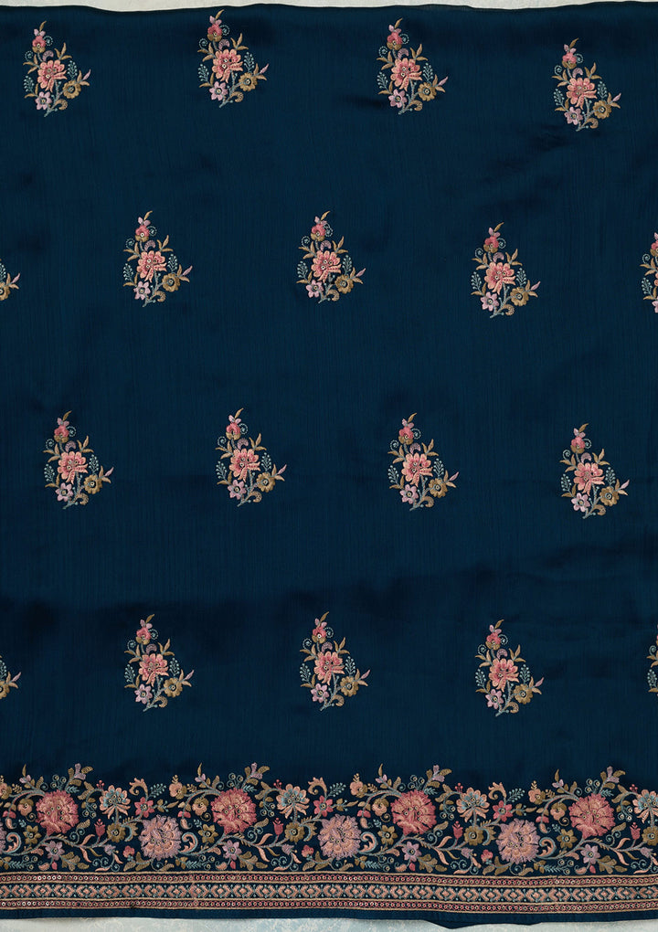 Navy Blue Chinon Kashmiri Unstitched Dress Material With Matching Bottom And Dupatta