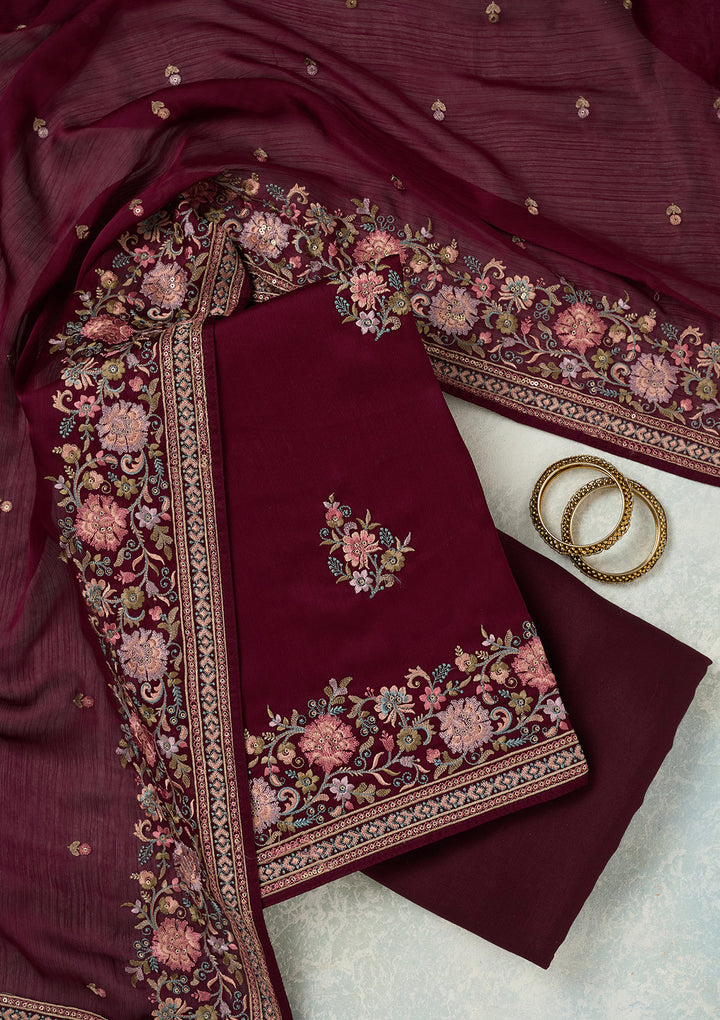 Wine Chinon Kashmiri Unstitched Dress Material With Matching Bottom And Dupatta
