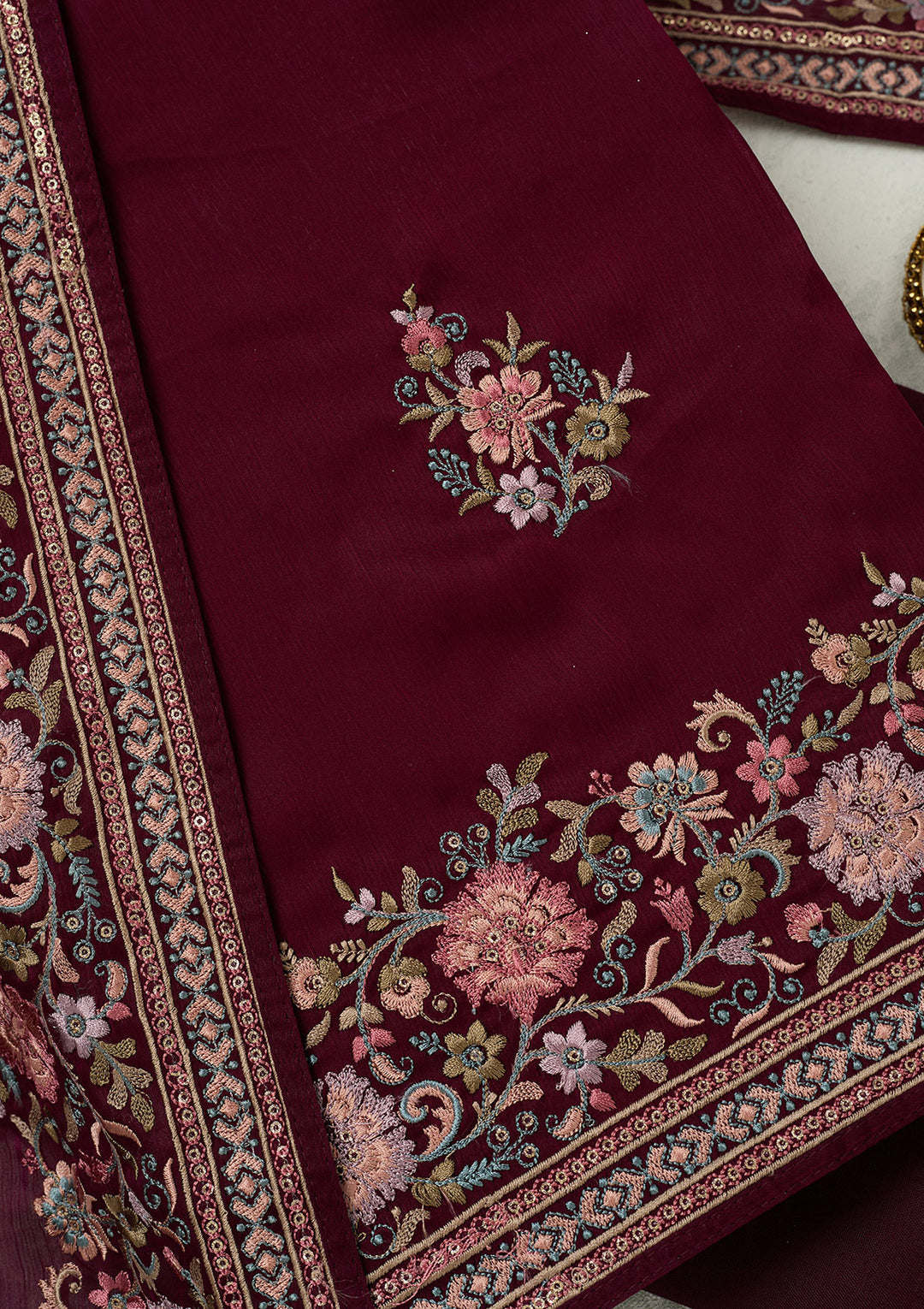 Wine Chinon Kashmiri Unstitched Dress Material With Matching Bottom And Dupatta