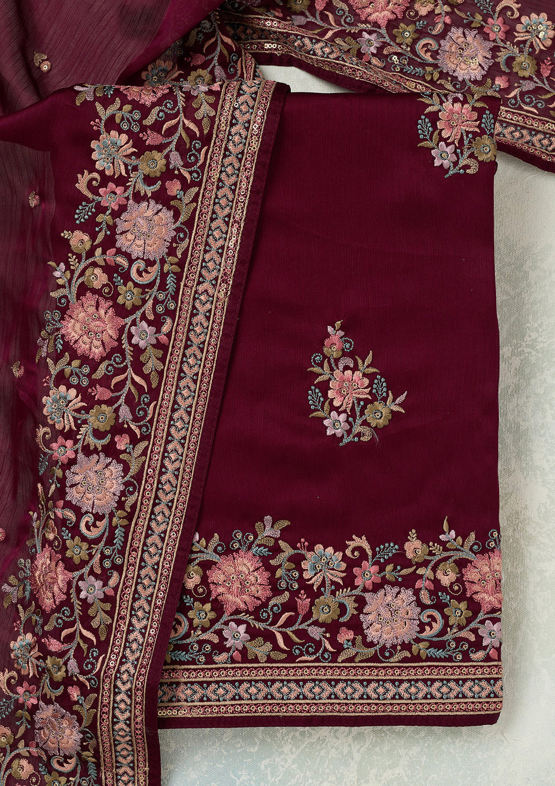 Wine Chinon Kashmiri Unstitched Dress Material With Matching Bottom And Dupatta