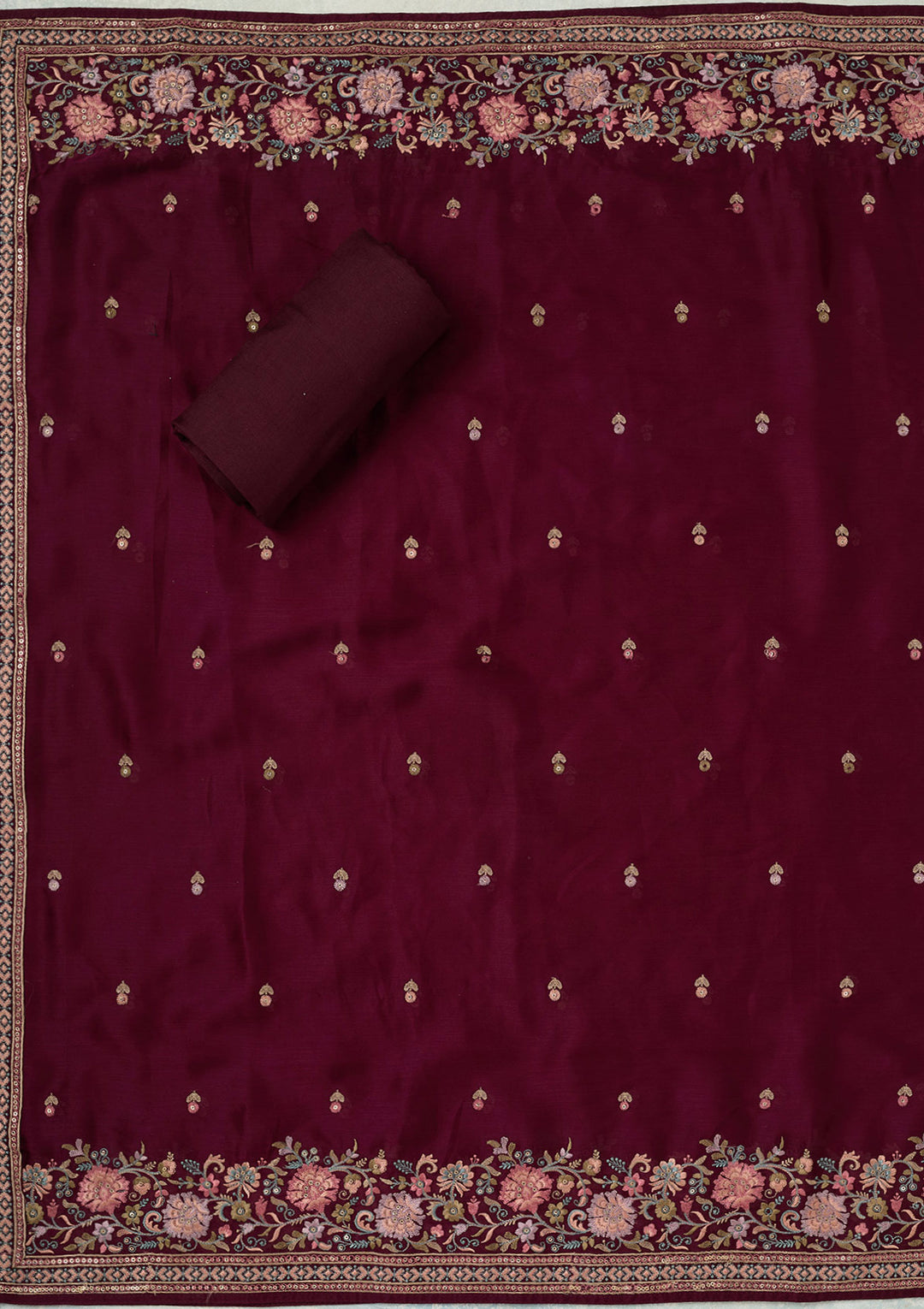 Wine Chinon Kashmiri Unstitched Dress Material With Matching Bottom And Dupatta
