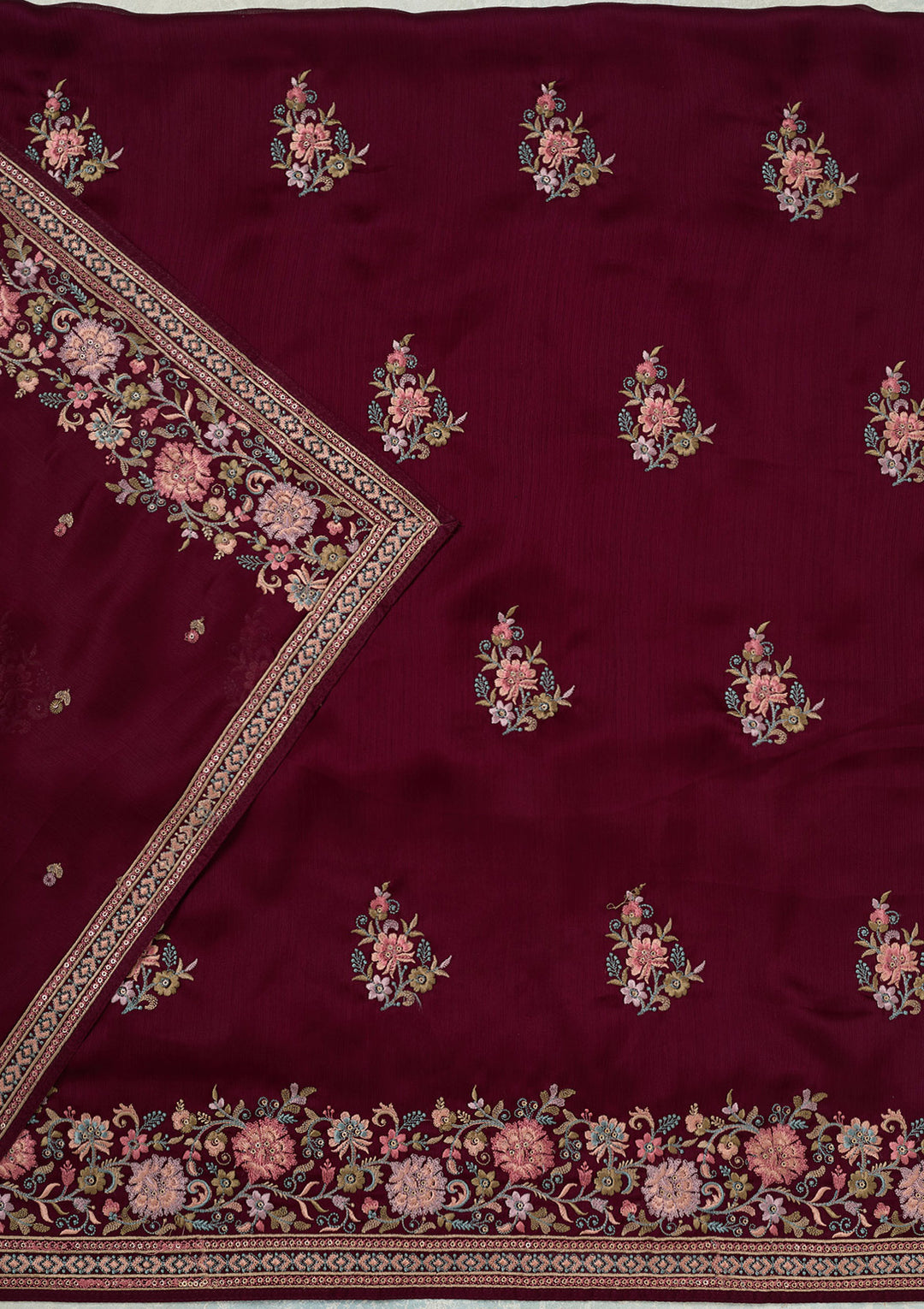 Wine Chinon Kashmiri Unstitched Dress Material With Matching Bottom And Dupatta