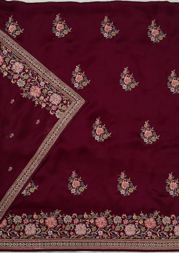 Wine Chinon Kashmiri Unstitched Dress Material With Matching Bottom And Dupatta