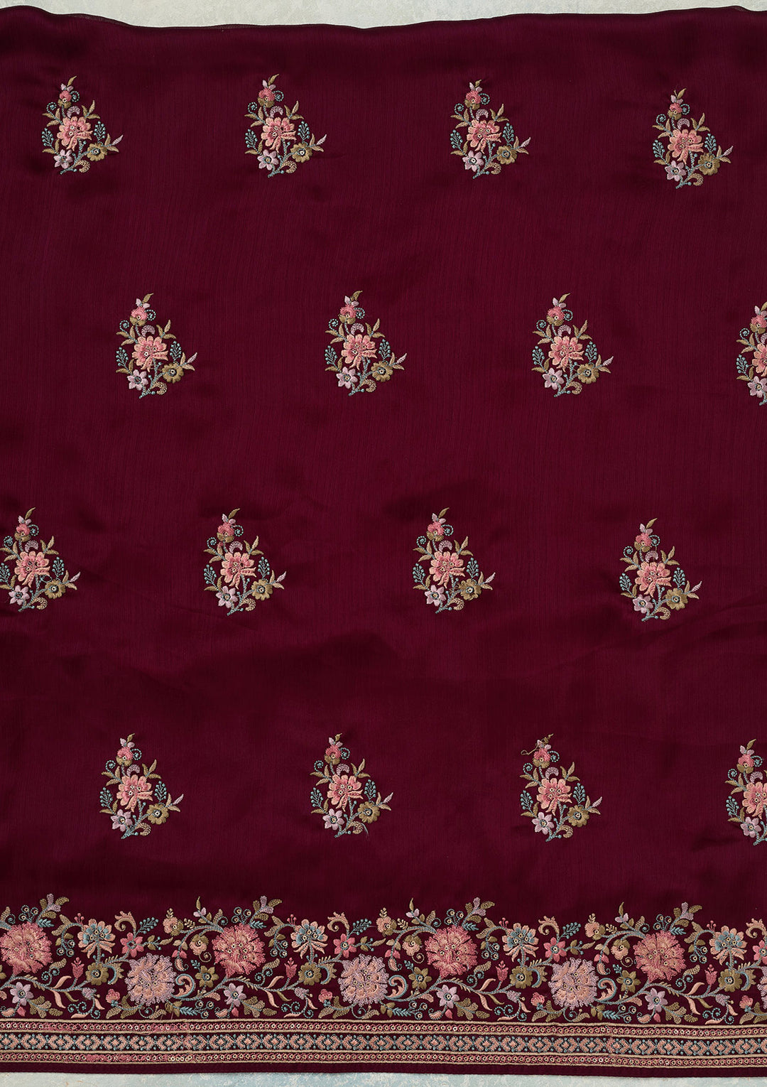Wine Chinon Kashmiri Unstitched Dress Material With Matching Bottom And Dupatta