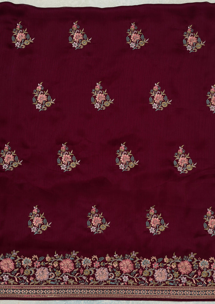 Wine Chinon Kashmiri Unstitched Dress Material With Matching Bottom And Dupatta