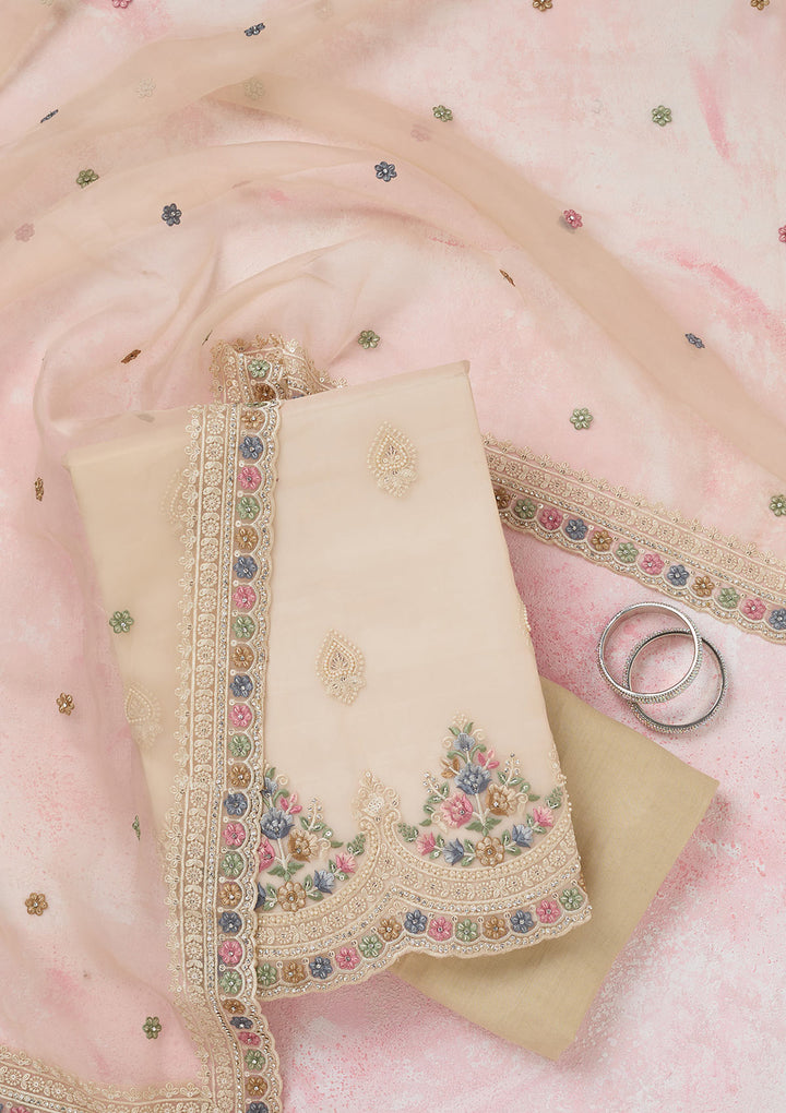 Beige Organza Threadwork Unstitched Dress Material With Matching Bottom And Dupatta