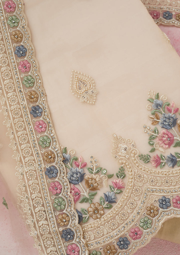 Beige Organza Threadwork Unstitched Dress Material With Matching Bottom And Dupatta