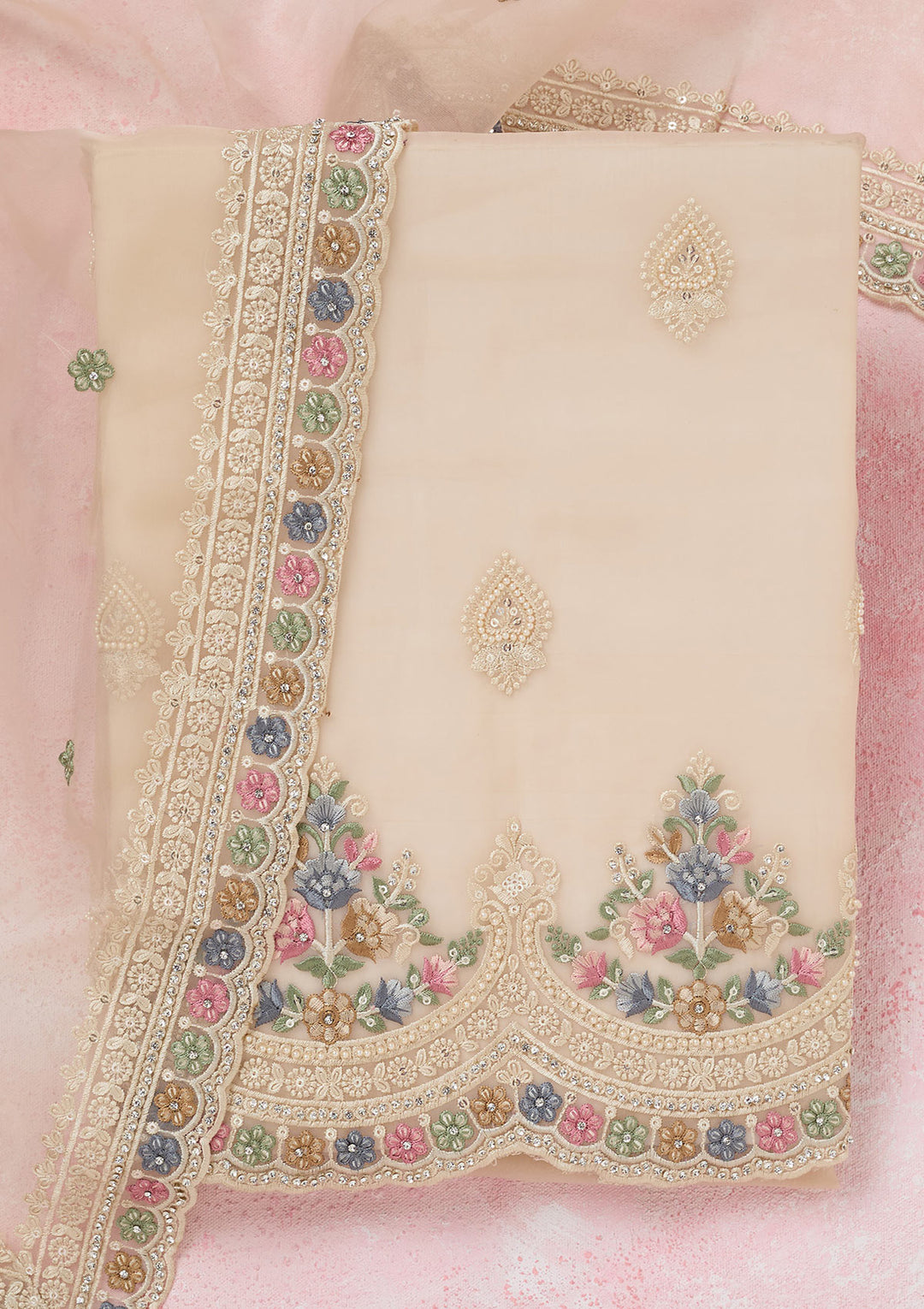 Beige Organza Threadwork Unstitched Dress Material With Matching Bottom And Dupatta