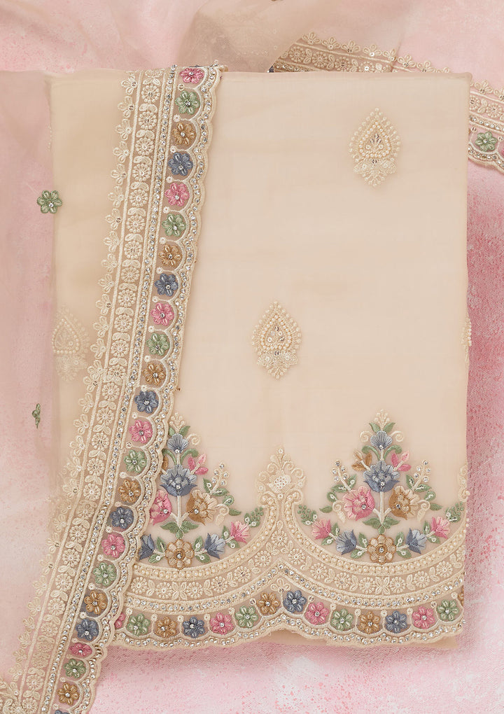 Beige Organza Threadwork Unstitched Dress Material With Matching Bottom And Dupatta