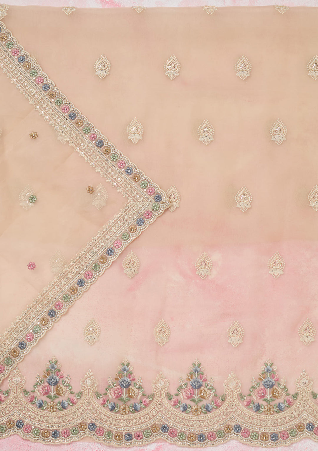 Beige Organza Threadwork Unstitched Dress Material With Matching Bottom And Dupatta