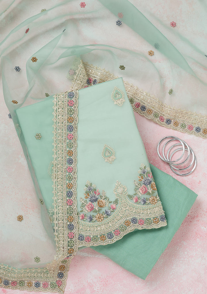 Sea Green Threadwork Semi Crepe Unstitched Salwar Suit