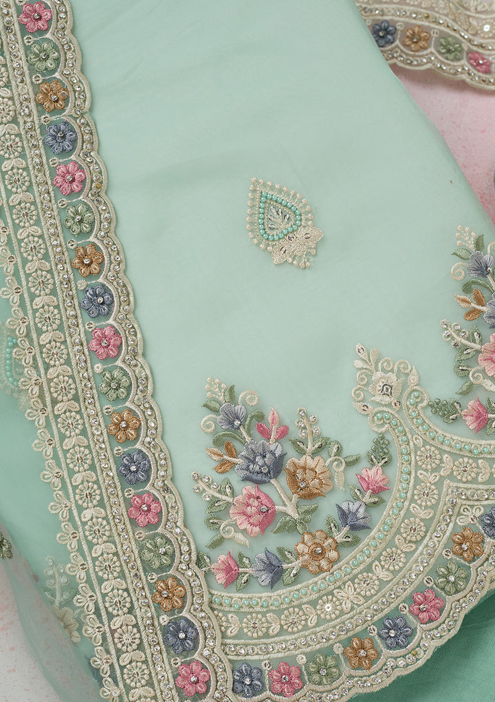Sea Green Threadwork Semi Crepe Unstitched Salwar Suit