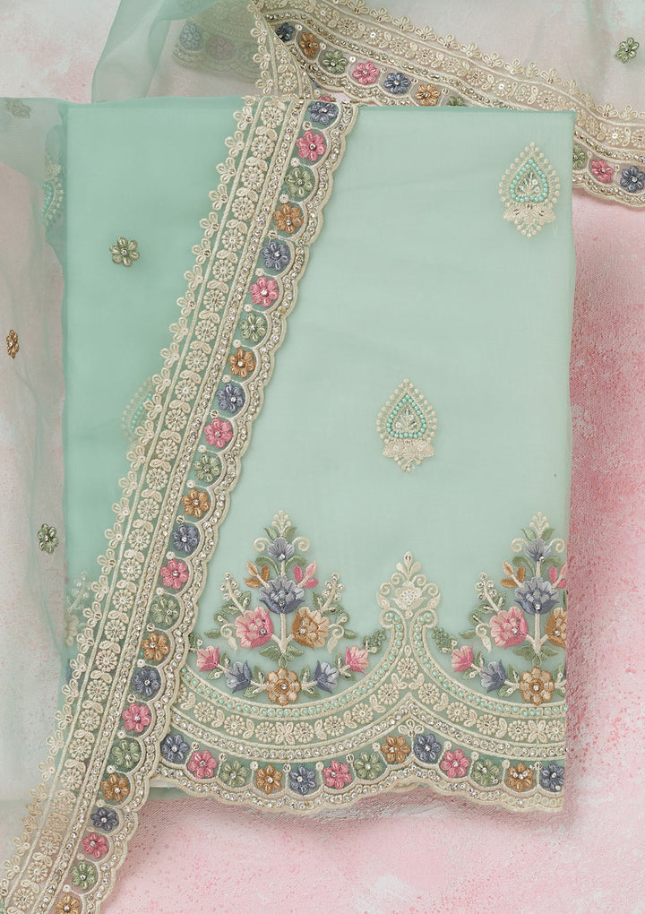 Sea Green Threadwork Semi Crepe Unstitched Salwar Suit