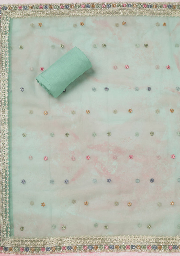 Sea Green Threadwork Semi Crepe Unstitched Salwar Suit