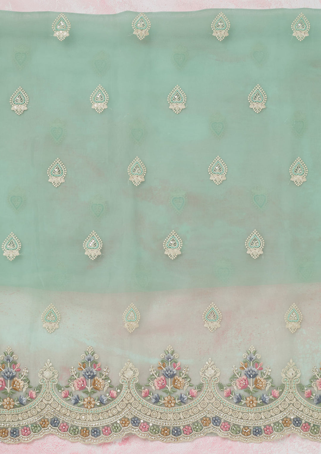 Sea Green Threadwork Semi Crepe Unstitched Salwar Suit