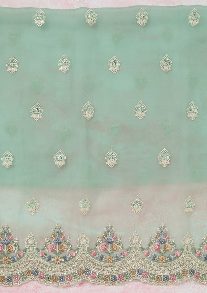 Sea Green Threadwork Semi Crepe Unstitched Salwar Suit