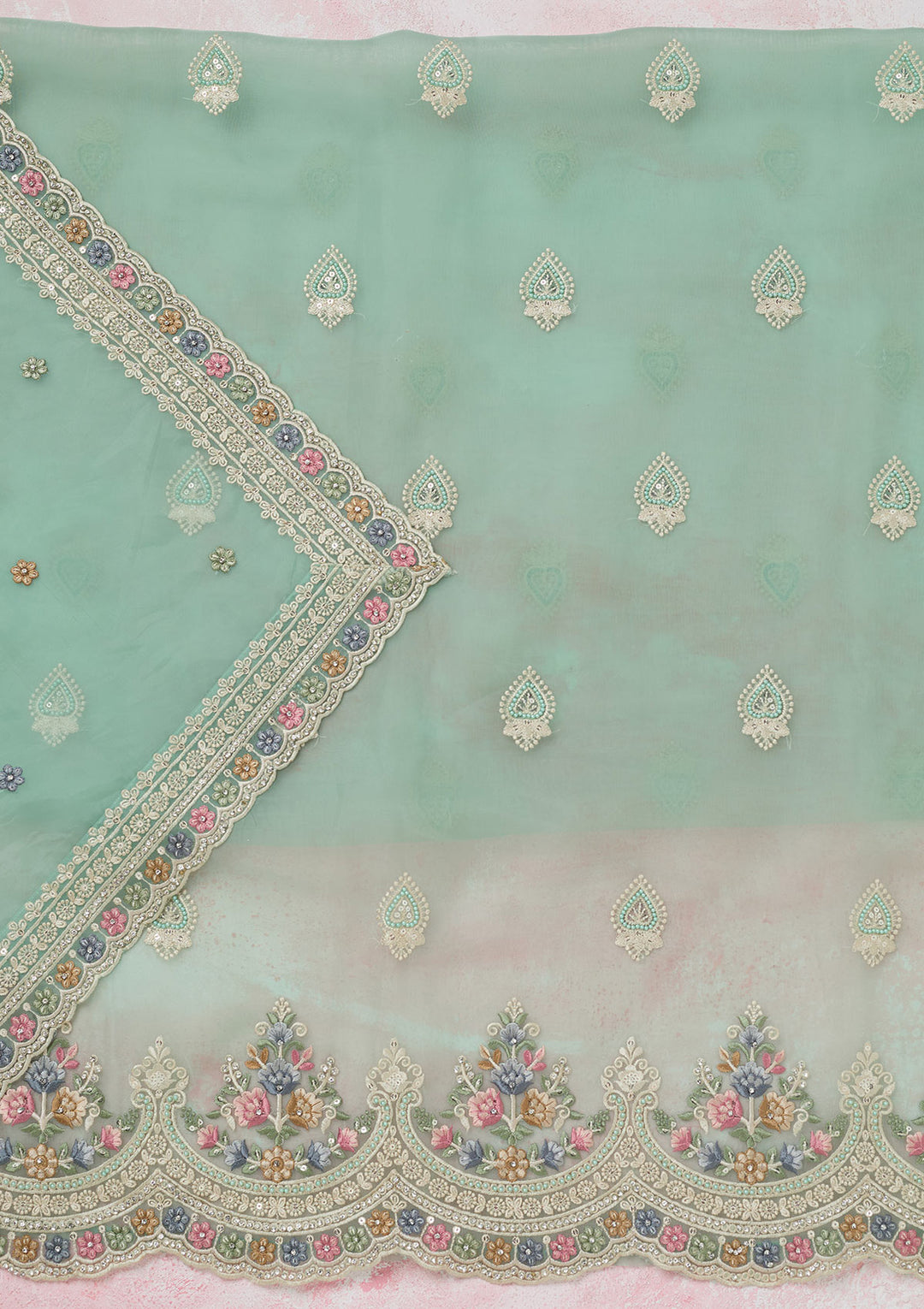 Sea Green Threadwork Semi Crepe Unstitched Salwar Suit