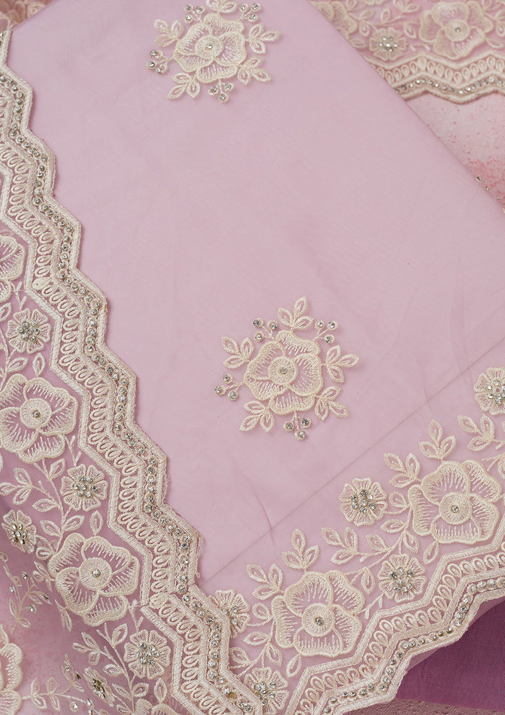 Lavender Organza Threadwork Unstitched Dress Material With Matching Bottom And Dupatta