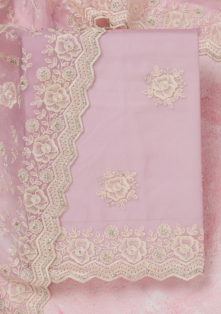 Lavender Organza Threadwork Unstitched Dress Material With Matching Bottom And Dupatta