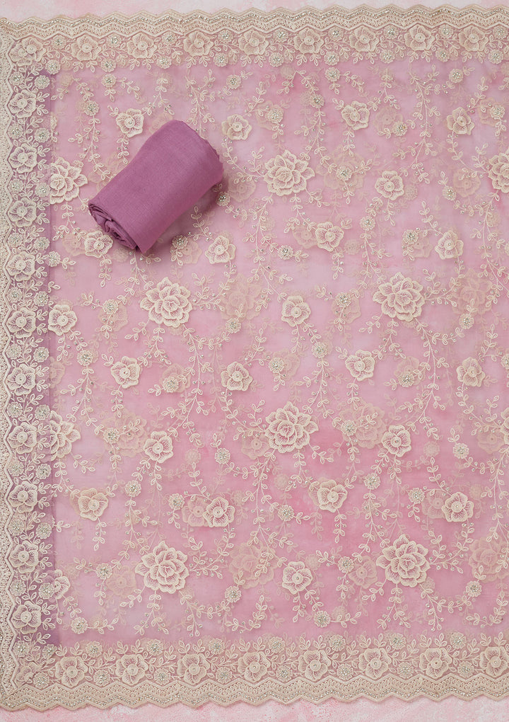 Lavender Organza Threadwork Unstitched Dress Material With Matching Bottom And Dupatta