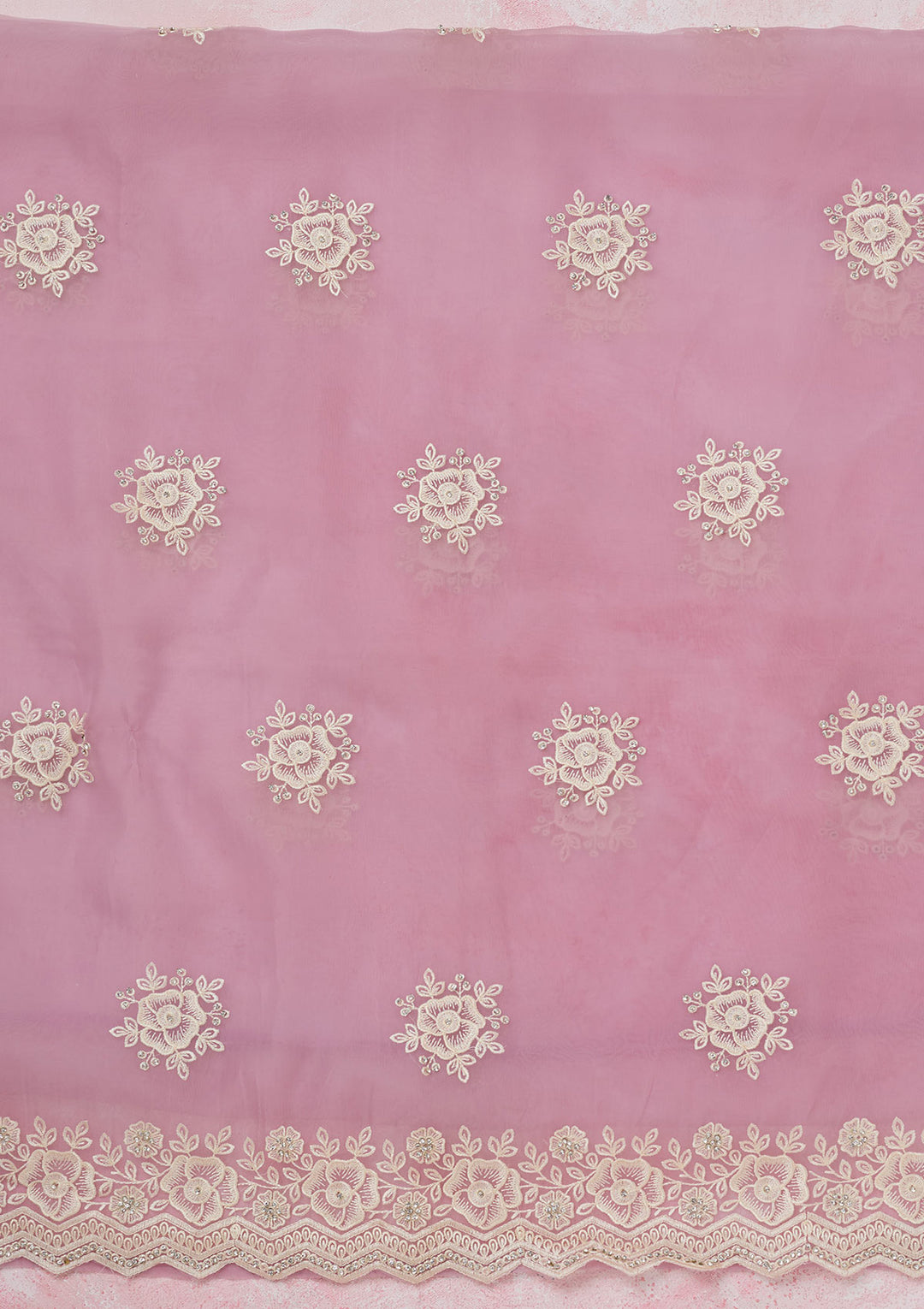 Lavender Organza Threadwork Unstitched Dress Material With Matching Bottom And Dupatta