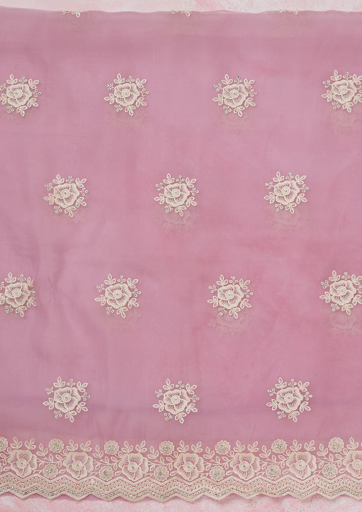 Lavender Organza Threadwork Unstitched Dress Material With Matching Bottom And Dupatta