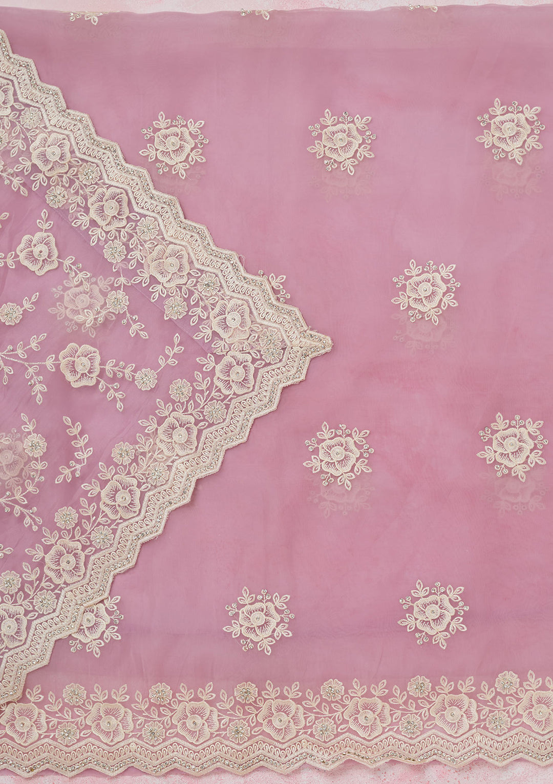 Lavender Organza Threadwork Unstitched Dress Material With Matching Bottom And Dupatta
