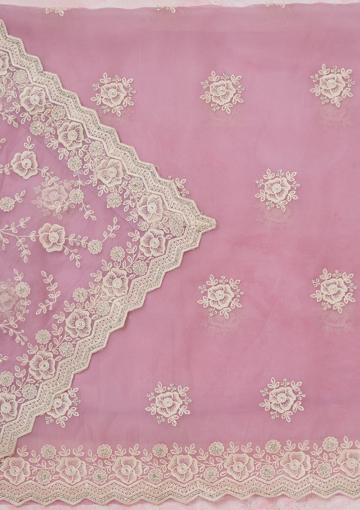 Lavender Organza Threadwork Unstitched Dress Material With Matching Bottom And Dupatta