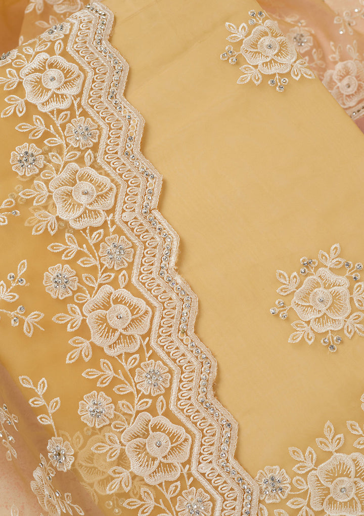 Yellow Threadwork Semi Crepe Unstitched Salwar Suit