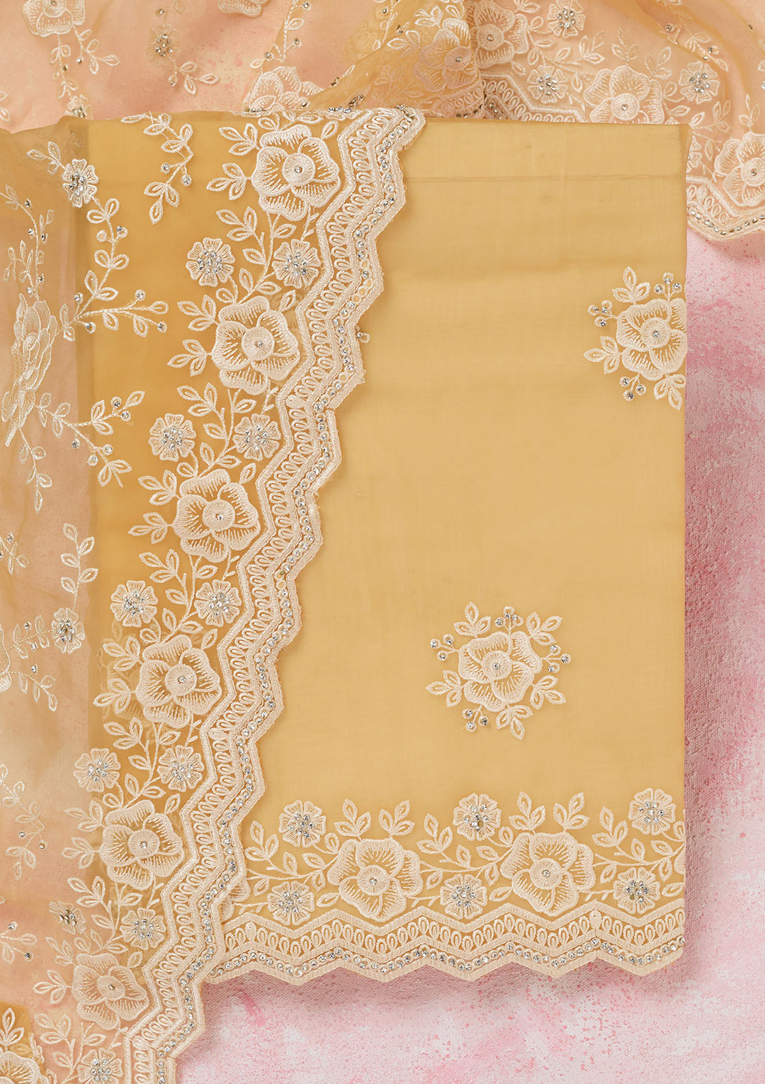 Yellow Threadwork Semi Crepe Unstitched Salwar Suit