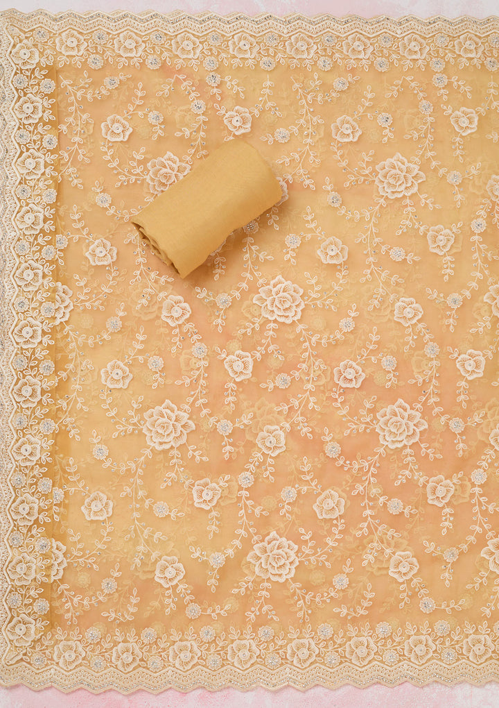 Yellow Threadwork Semi Crepe Unstitched Salwar Suit