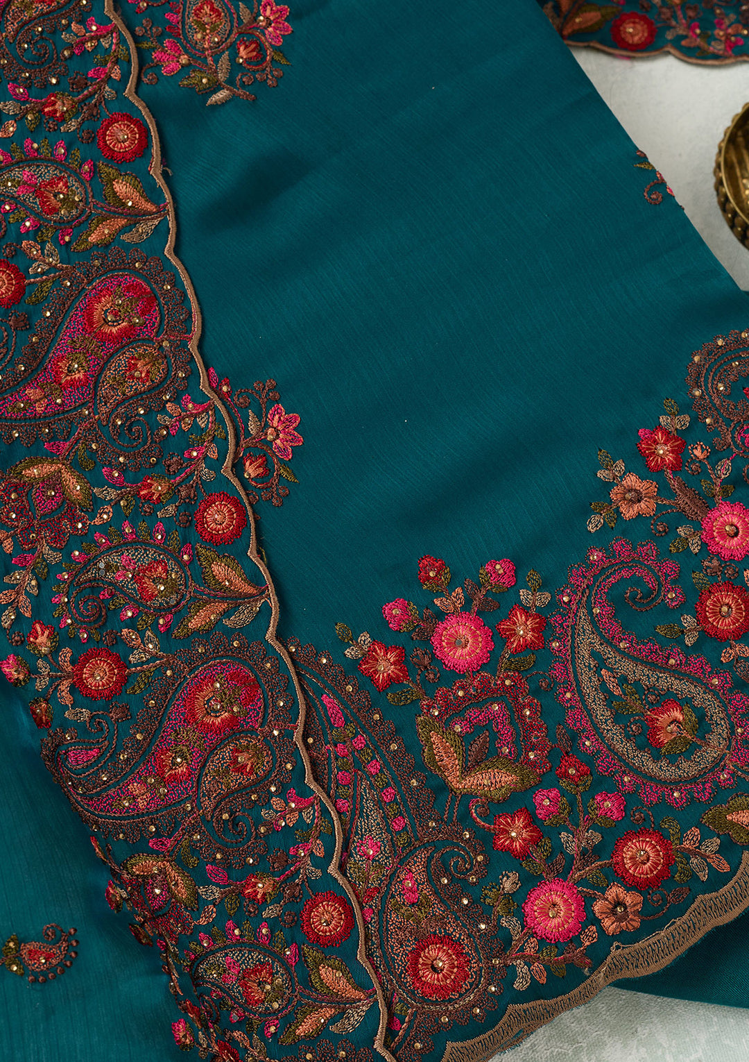 Peacock Blue Kashmiri Semi Crepe Unstitched Salwar Suit