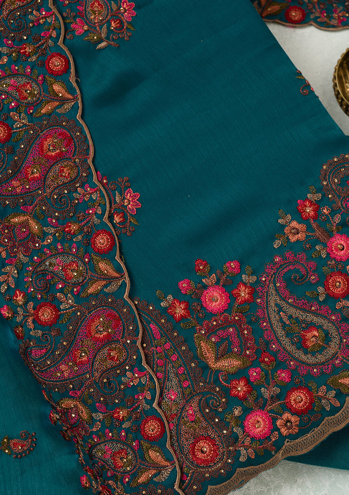 Peacock Blue Kashmiri Semi Crepe Unstitched Salwar Suit