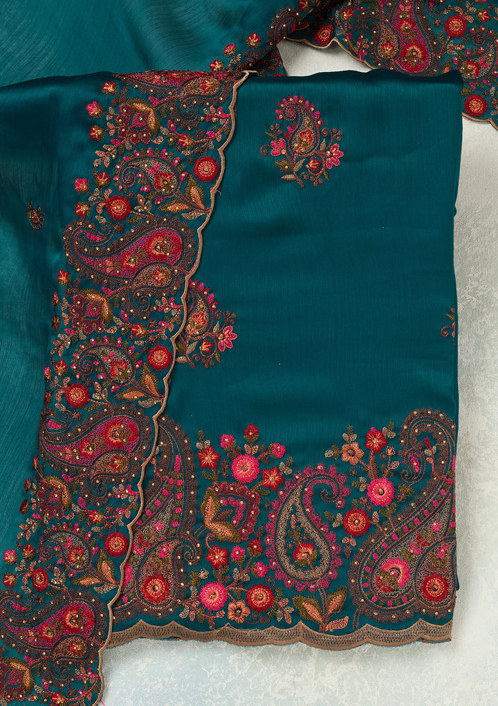 Peacock Blue Kashmiri Semi Crepe Unstitched Salwar Suit