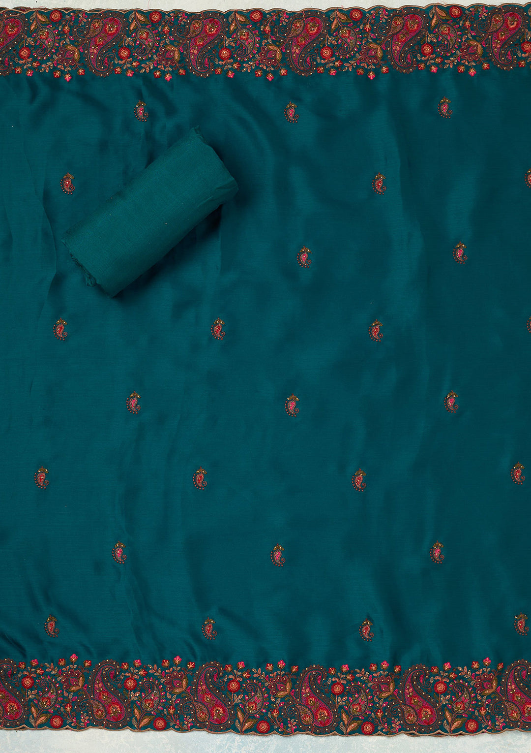 Peacock Blue Kashmiri Semi Crepe Unstitched Salwar Suit