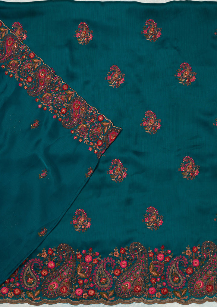 Peacock Blue Kashmiri Semi Crepe Unstitched Salwar Suit