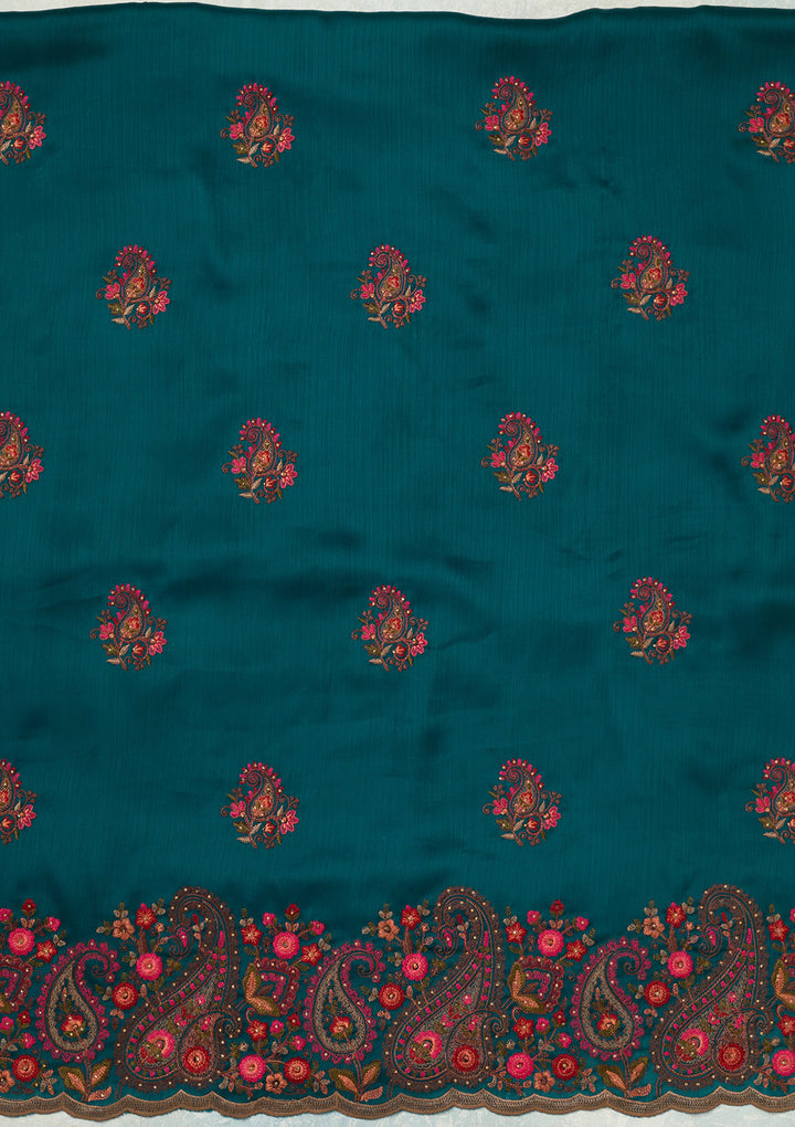 Peacock Blue Kashmiri Semi Crepe Unstitched Salwar Suit