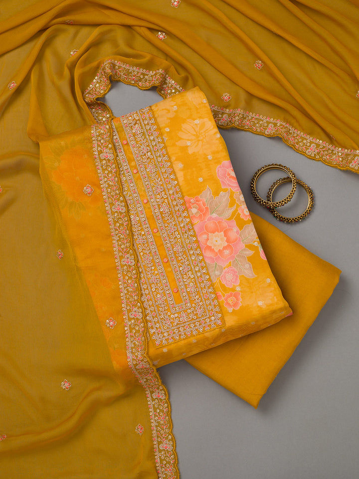 Mustard Yellow Zariwork Organza Unstitched Salwar Suit