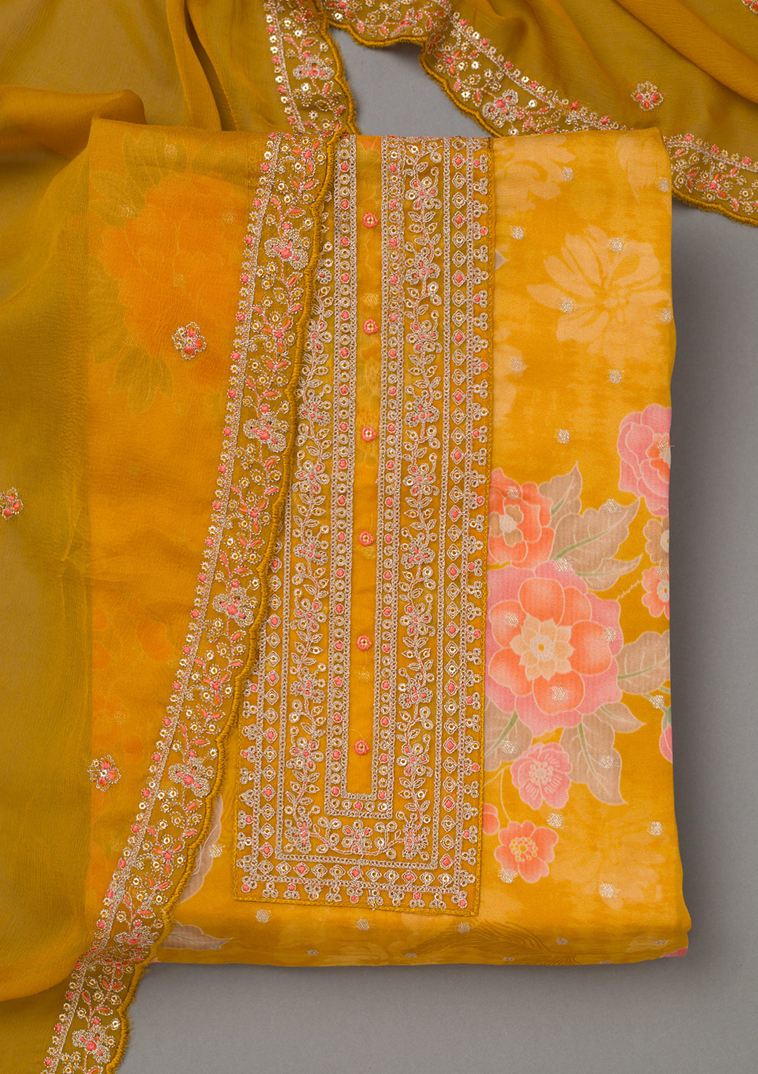 Mustard Yellow Zariwork Organza Unstitched Salwar Suit