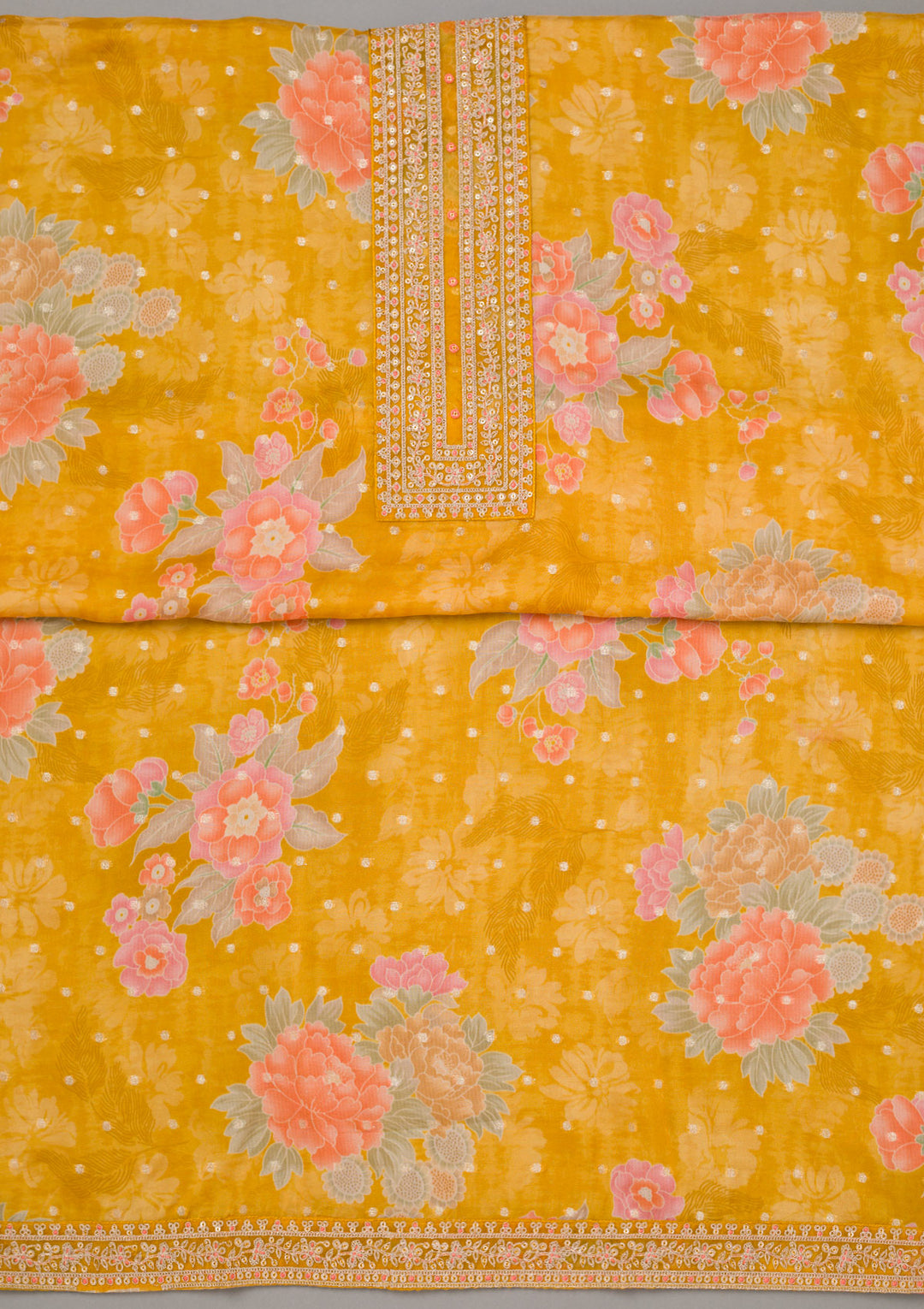 Mustard Yellow Zariwork Organza Unstitched Salwar Suit