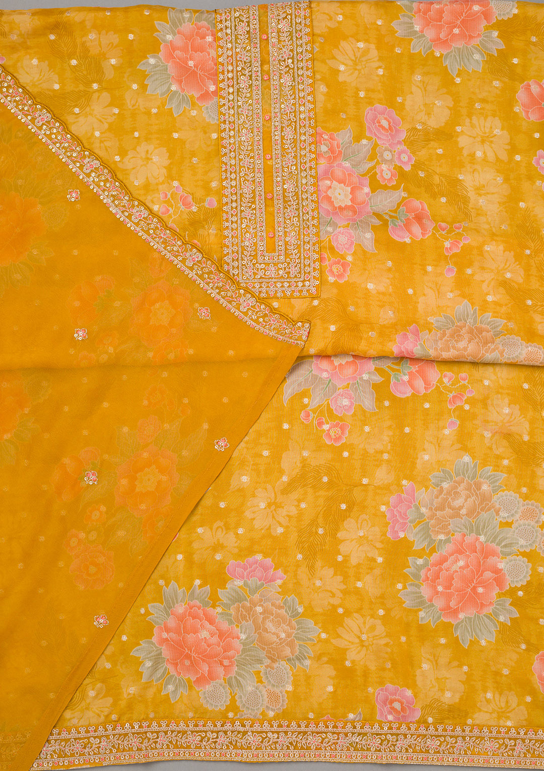 Mustard Yellow Zariwork Organza Unstitched Salwar Suit