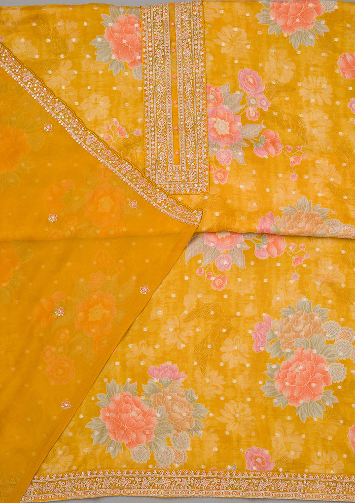 Mustard Yellow Zariwork Organza Unstitched Salwar Suit