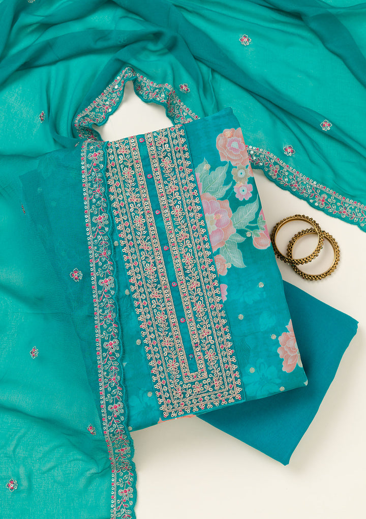 Rama Green Zariwork Organza Unstitched Salwar Suit