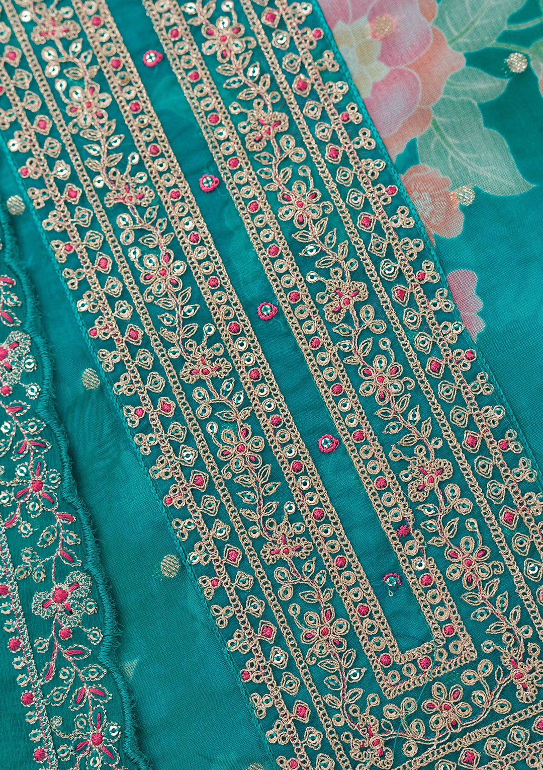 Rama Green Zariwork Organza Unstitched Salwar Suit
