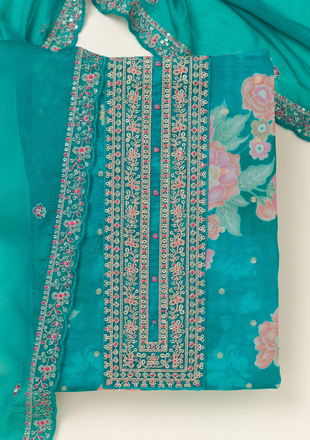 Rama Green Zariwork Organza Unstitched Salwar Suit