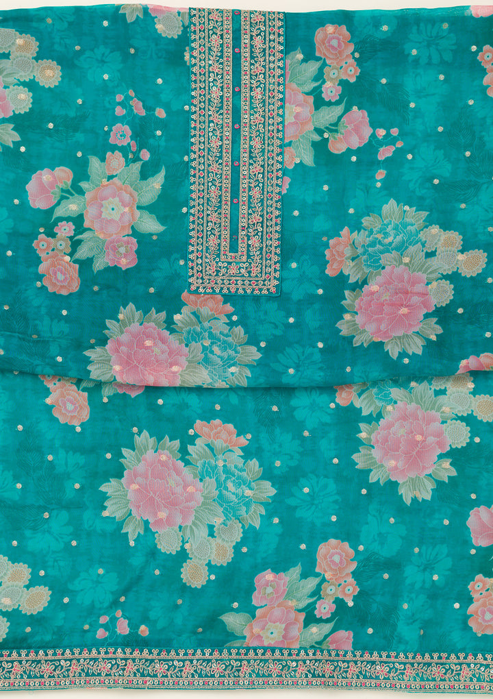 Rama Green Zariwork Organza Unstitched Salwar Suit