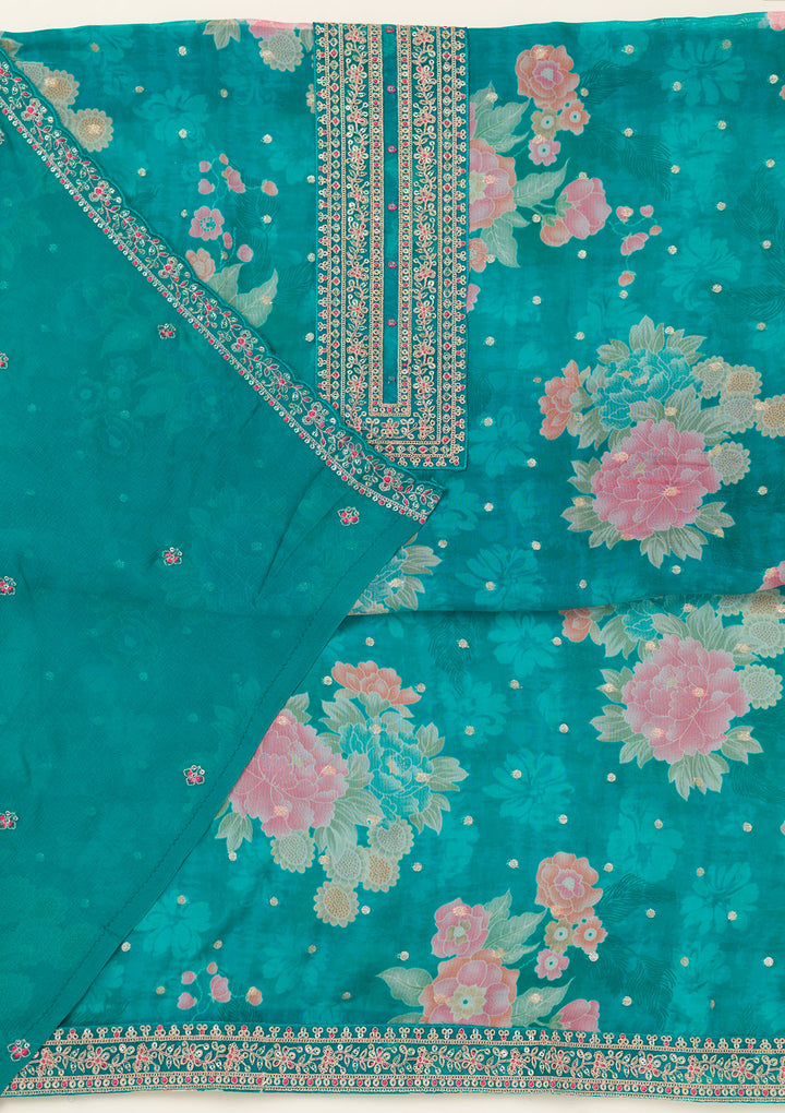 Rama Green Zariwork Organza Unstitched Salwar Suit