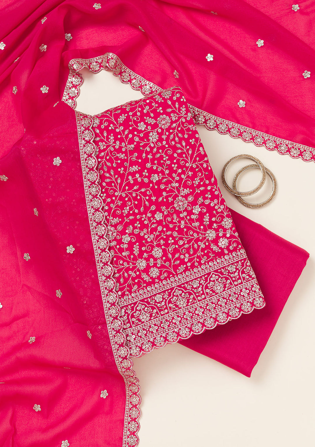 Rani Pink Georgette Threadwork Unstitched Dress Material With Matching Bottom And Dupatta