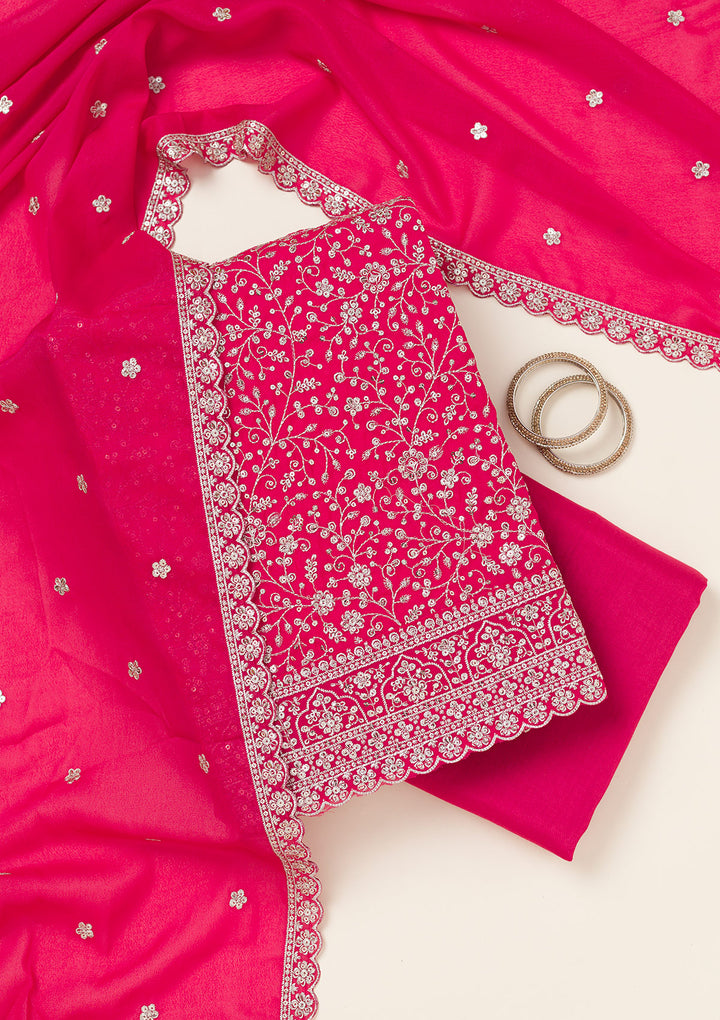 Rani Pink Georgette Threadwork Unstitched Dress Material With Matching Bottom And Dupatta